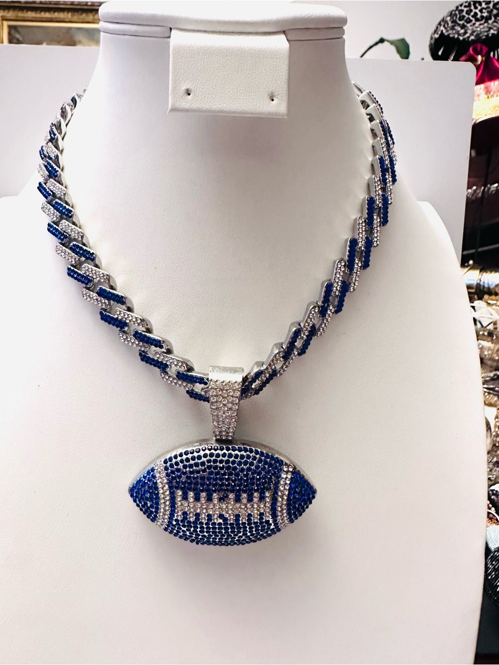 Blue and Silver Rhinestone Football Pendant on a Cuban Iced out chain/NEW NO TAG